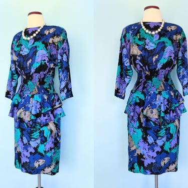 Vintage 80s Abstract Print Peplum Dress, 1980s Blue and Purple Rayon Print Long Sleeve Office Dress 