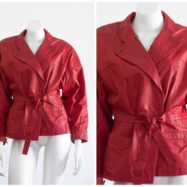 Vintage 1980s Red Leather Jacket | Belted 
