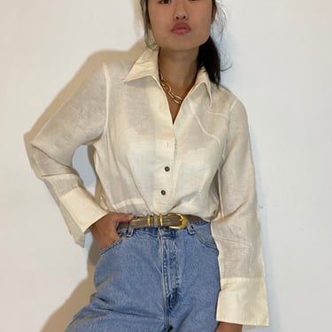 90s linen blouse / vintage ivory buttercream cropped peplum french cuffs linen blouse shirt | Medium 
