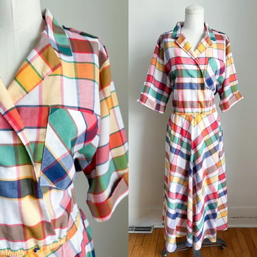 Vintage 1980s Rainbow Plaid Shirtwaist Dress / L 