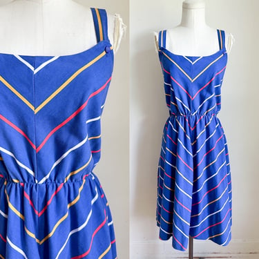 Vintage 1970s Blue Chevron Striped Dress / L 