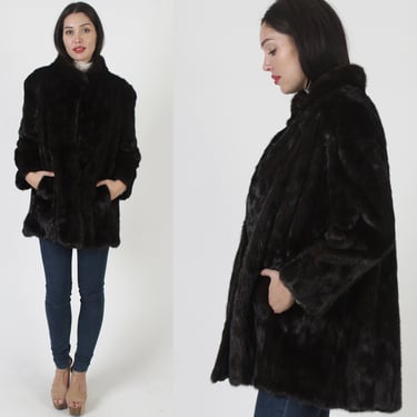 Dark Mink Short Waist Coat / Genuine Mahogany Color Jacket /  Fur Back Collar Waistcoat XL 