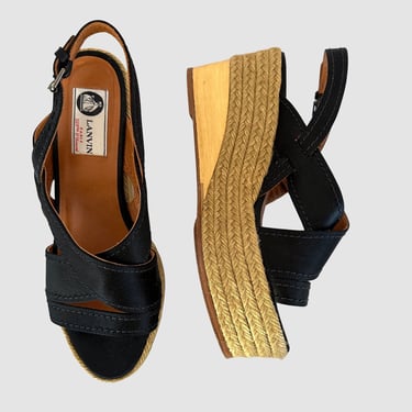 LANVIN Black Satin Wedge Platforms | Leather and Jute Woven Slingback Espadrille Sandals | Paris Designer Shoes, Made in Spain | Size 37 