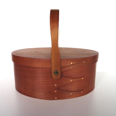 Vintage Oval Shaker Lidded Basket In Cherry Wood By Shaker Workshop USA, 9" x 6 1/2 Handcrafted Bentwood Box 