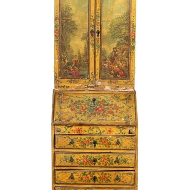 Antique Secretary /Bookcase Italian Yellow Foliate, Polychrome, Painted, Figural-