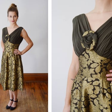 Elissa 1960s Brown and Gold Brocade Party Dress - XS 
