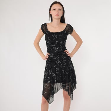 Y2K black floral midi dress silver floral print handkerchief hem ruched bodice sheer cap sleeves made in USA gothic grunge Taboo dress Small 