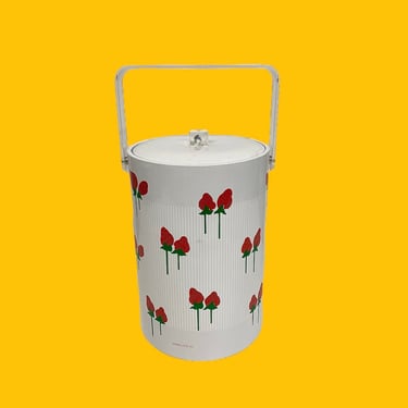 Vintage Ice Bucket Retro 1980s Contemporary + Davir + Strawberries + Oval and Tall + White Vinyl + Clear Lucite Handle + Barware + Storage 