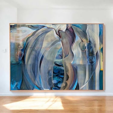 Original 1988 Painting 'Africa' by Mary H. – Large Abstract Canvas in Blue Tones, Framed Art 