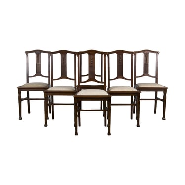 Antique French Art Nouveau Oak Dining Chairs W/ Beige Chenille - Set of 6 