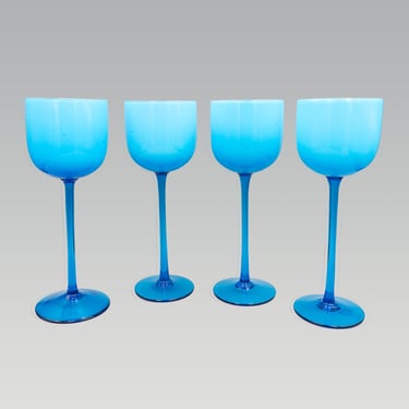 Carlo Moretti Murano Celeste Blue Cased Glass Long Stem Wine Glasses (Set of 4) | Vintage Italian Water Goblet 