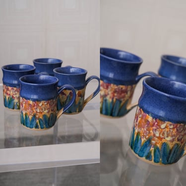 Vintage 80s Signed Handmade & Painted Stoneware Mug Set of 4 | Kitchenware, Hosting, Ceramic, Cottgecore | 1980s Artist Signed Cup Set 