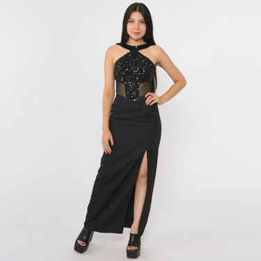 Vintage Black Sequin Gown 90s Formal Halter Mesh Inset Open Back High Front Slit Skirt Evening Dress 1990s Glam Party Extra Small xs 00 