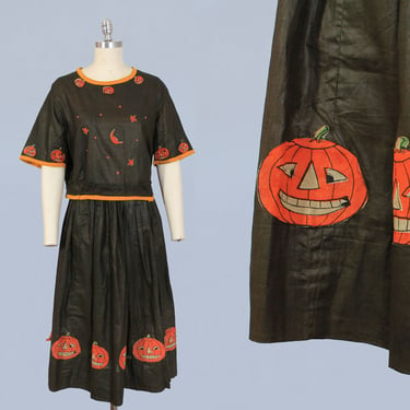 RARE Antique Halloween Dress / 1920s Two Piece Cotton Blouse and Skirt Set / Novelty Crepe Paper Appliques / JackOLanterns, Stars, Moons 