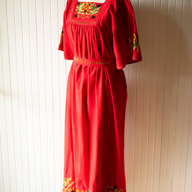 Vintage Red Mexican Floral Embroidered Market Dress Medium
