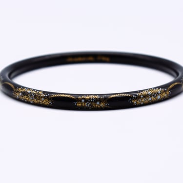 60's Michaela Frey cloisonne bangle, fired enamel 24k gold powder abstract floral barrel bracelet 