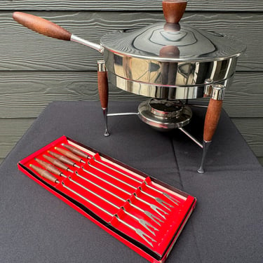 FONDUE POT STAINLESS Steel Teak Double Boiler w/Forks Vintage Mid-Century Modern 