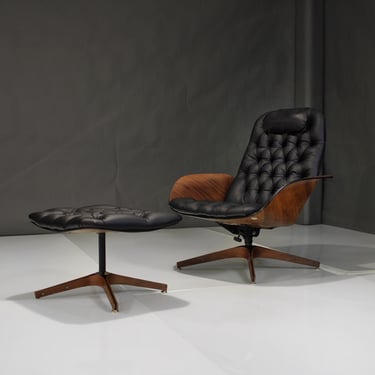 Mid-Century Modern Lounge Chair and Ottoman in Italian Leather 