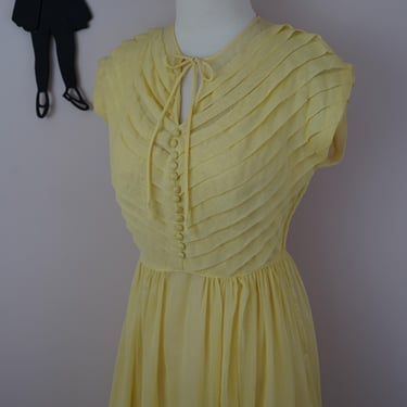 Vintage 1940's Pin Tuck Dress / 40s Yellow Sheer Day Dress S 