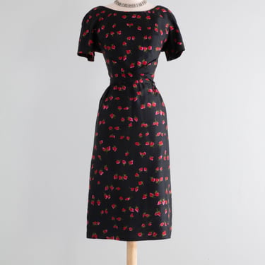 Fabulous 1950's Silk Raspberry Print Wiggle Dress With Bow / Medium