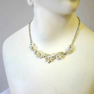 1960s Silver Necklace with Floral Rhinestone Design 
