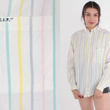 White Striped Blouse 90s Pastel Rainbow Button Up Top Chest Pocket Shirt Long Sleeve Collared Pink Green Yellow Cotton Vintage 1990s Medium 