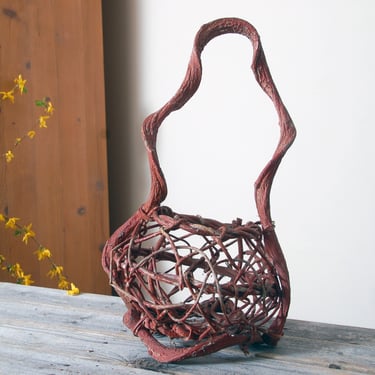 Vintage twisted vine basket / vintage woven basket / red twisted wood round basket / unique artisan foraged woodland basket / cottage decor 