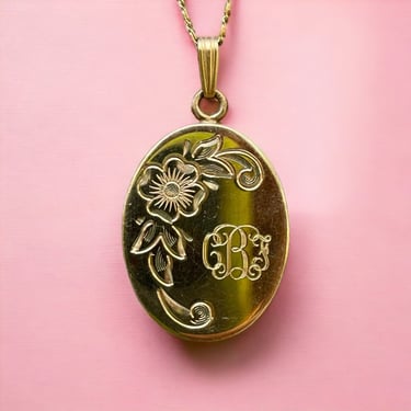 Vintage 1980s Richard Kalbe Gold Filled Floral Oval Pendant Romantic Necklace 