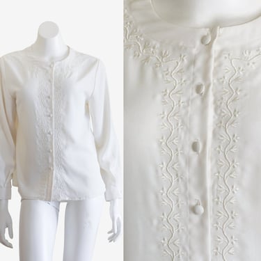 Vintage 1980s Off-White Embroidered Blouse with Floral and Vine Trim 