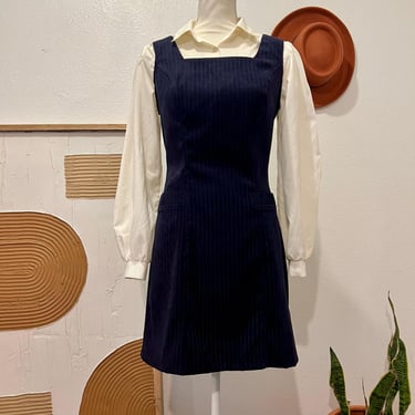 City Triangles 90s Navy Blue Pinstripe Fitted Wide Strap Overall Mini Dress USA 