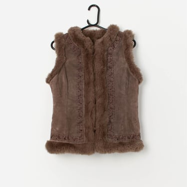 Vintage Y2K embroidered suede vest with faux fur lining - Small 