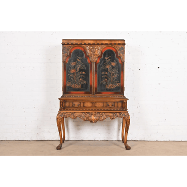 Berkey & Gay Antique Georgian Chinoiserie Burled Walnut and Hand Painted Bookcase or Bar Cabinet, 1920s