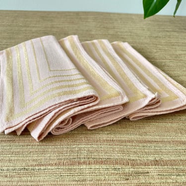 Vintage Pink Fabric Napkins With Gold Geometric Stripes - Set of 4 