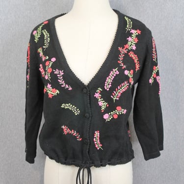 1990s Hand Embroidered Sweater - Black Floral Cardigan - 90s Cropped Sweater - Flower Embroidery - Size M 