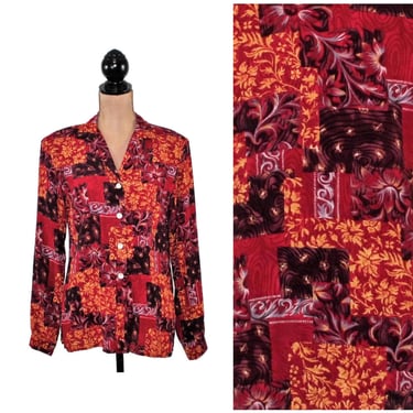 S-M 90s Long Sleeve Rayon Blouse Print Button Up Shirt Collared  Side Slit Tunic Top Maroon + Orange 1990s Clothes Women Vintage WORTHINGTON 