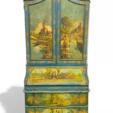 Antique Secretary Desk, Painted, Venetian, Sculptured Center and Crown, 1800's!!