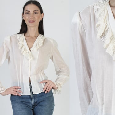 Delicate Lace Victorian Blouse, Vintage Roll Collar Antique Top, Plain Bohemian Button Up Antique Shirt 