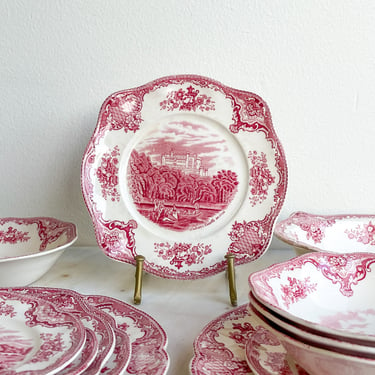 Red and White Transferware Johnson Bros Old Britain Castles China Bowls Bread Plate Salad Plate Dinner Plate Vegetable Bowl Made in England 