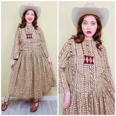 1990s Vintage Indian Cotton Dropped Waist Block Print Dress / 90s Brown Embroidered Geometric Long Sleeve Dress / Size Medium 