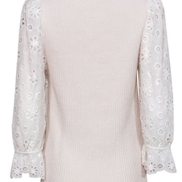 Rebecca Taylor - Cream Ribbed Cotton & Silk Sweater w/ Eyelet Puff Sleeves Sz XL