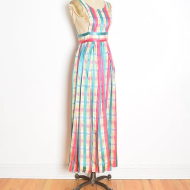 vintage 70s dress pink plaid taffeta satin pinafore jumper maxi sun dress XS clothing 
