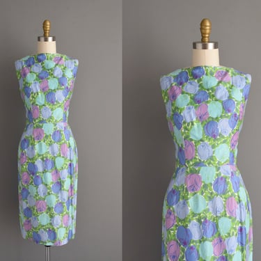 1950s vintage dress | Gorgeous Blue & Lavender Floral Print Cotton Pencil Skirt Wiggle Dress | Small | 50s dress 