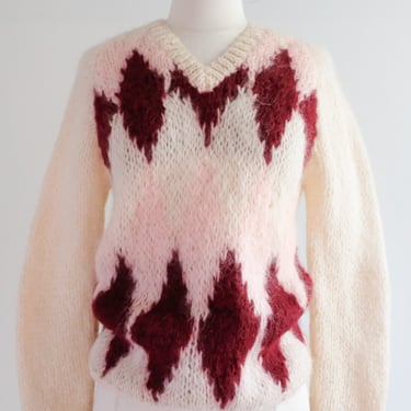 Preppy in Pink & Maroon Mohair 1960’s Made in Italy Argyle Sweater/ Sz S