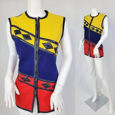 MOD 1960's Vinyl Trimmed Color Blocked Knit Sweater Vest I Tunic Top  I Sz Med I Carnaby Knit Fashions 