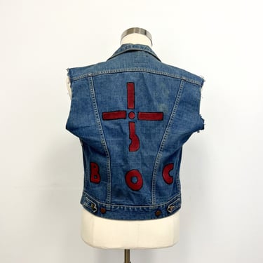 Vintage Denim Vest | 70s Hand Painted Blue Oyster Cult Jean Vest | Wrangler w Cut Off Sleeves | Size Medium 