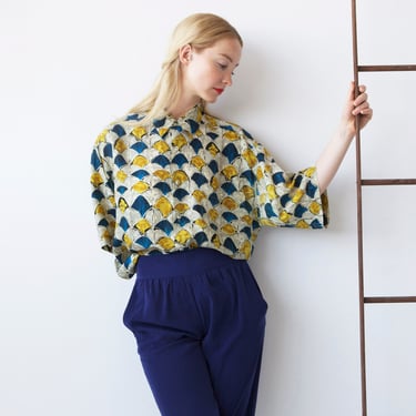 yellow blue abstract print silk shirt / M L 