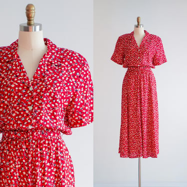 red floral dress 80s 90s vintage Carol Anderson cottagecore shirtwaist maxi dress 