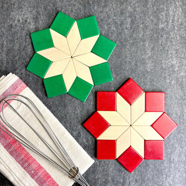 Western Germany wooden patchwork trivets - set of 2 - 1960s vintage 