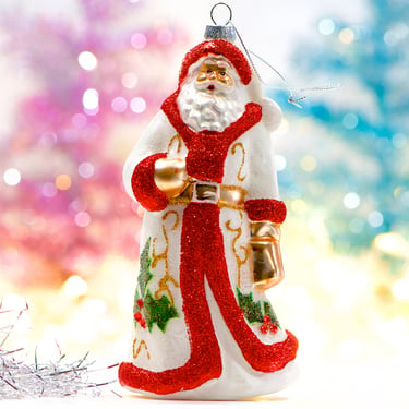 VINTAGE: 7.5" LARGE Santa Glass Ornament - Blown Figural Glass Ornament - Hand Painted Ornament - SKU 