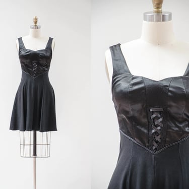 black corset mini dress | 90s vintage ORNA FARHO designer gothic cottagecore sleeveless lace up corset bodice dress 